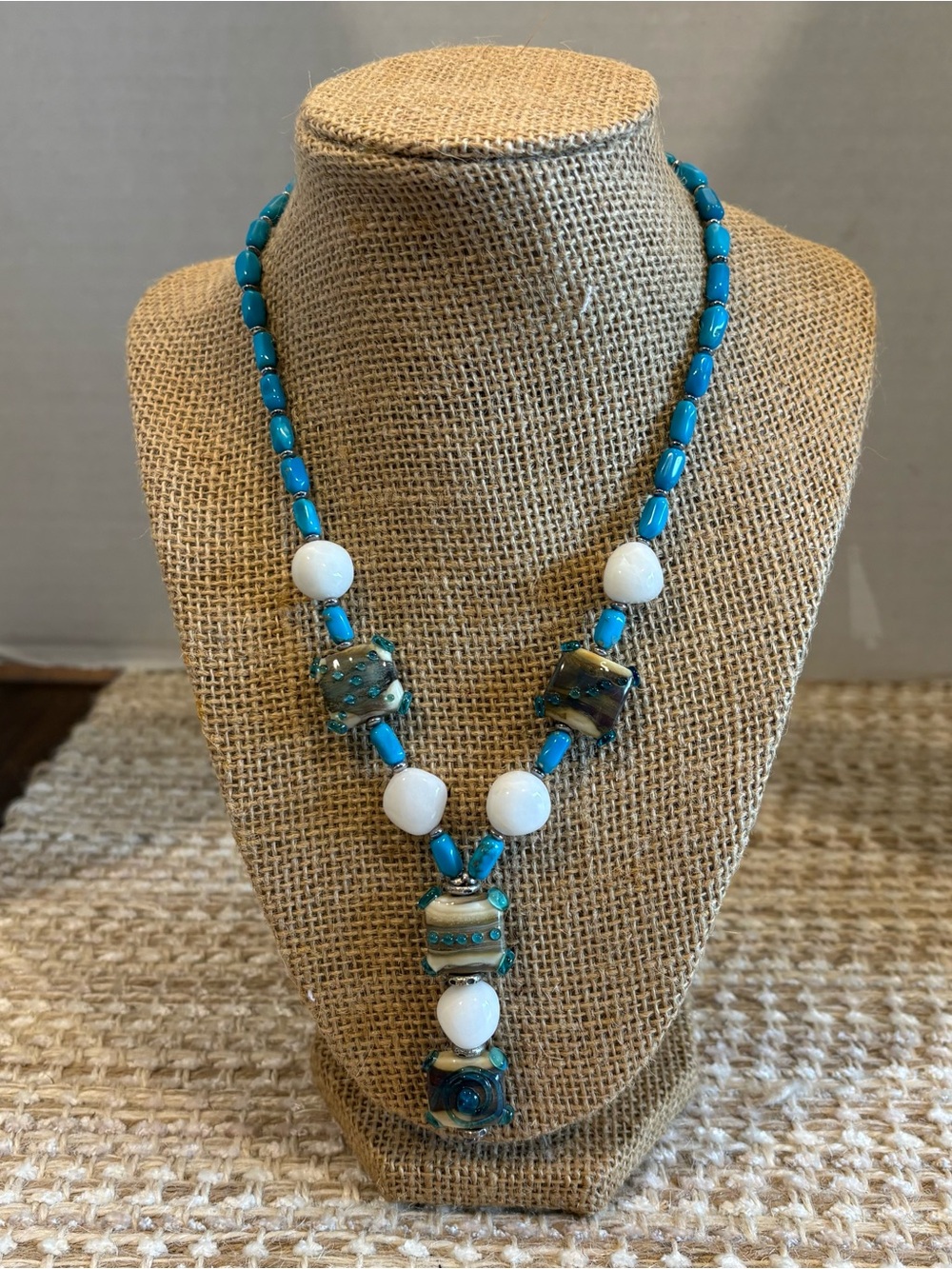 Handcrafted Artisan Glass Lampwork Bead Necklace w/Striking Blue & White Beads